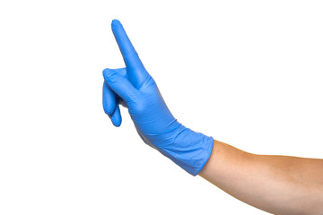 Hand in blue glove isolated on white with thumb up.