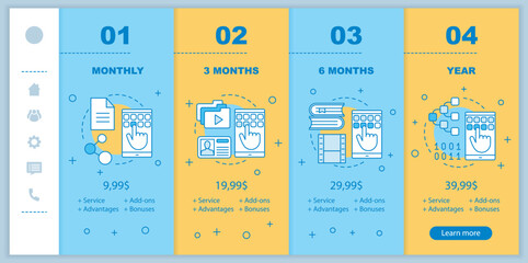 Online courses subscription fee onboarding mobile app screens with service prices