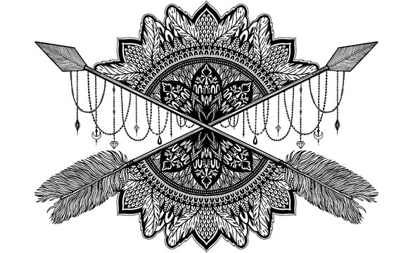 Arrow crossing amulet in ethical and mandala in style tattoo.Black color graphic in white background.
