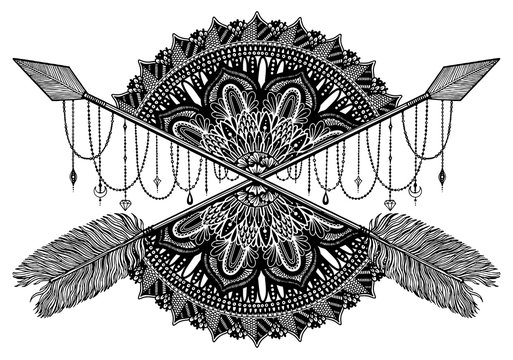 Arrow crossing amulet in ethical and mandala in style tattoo.Black color graphic in white background.