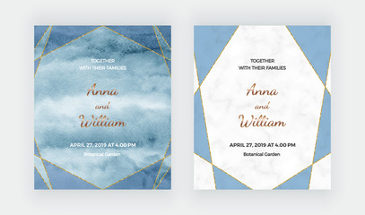 Wedding cards with geometric shapes, watercolor, marble texture and gold glitter lines. Trendy templates for banner, flyer, poster, save the date, greeting, wedding invitation