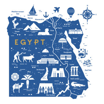Outline and silhouette map of Egypt - vector illustration hand drawn with lines, isolated on background with icons symbols attractions of Egypt.