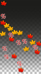Vector Percentage Sign and Autumn Leaves Confetti on Transparent Background. Percent Sale Background. Business, Economics, Finance Print. Discount Illustration. Promotion poster. Black Friday Banner. 