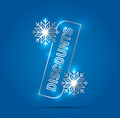 discounts neon glowing per cent sign with snowflackes