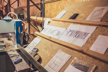 The workplace of the process engineer - drawings and diagram - sawmill - production of glued laminated timber