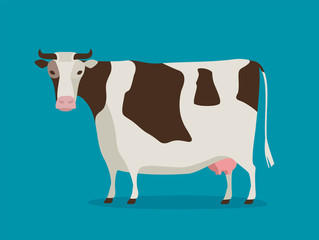 Cute standing cow. Milk farm cartoon, vector illustration