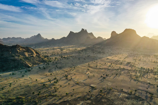 Aerial of beautiful mountain scenery, Sahel, Chad