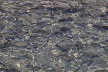 dispersion of sunlight on the surface of the waves of water in a mountain river. Through the water you can see the vague contours of the stones at the bottom of the river. Abstract background