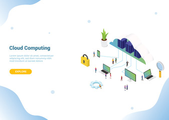 isometric 3d cloud computing concept for website template banner or landing homepage - vector