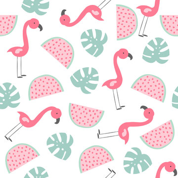 Summer seamless pattern with flamingo, monstera leaf and watermelon slice. Tropical kids print. Vector hand drawn illustration.