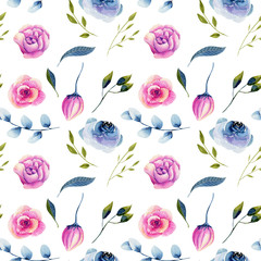 Watercolor blue roses and pink peonies seamless pattern, hand drawn on a white background