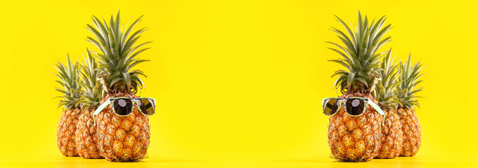 Creative pineapple looking up with sunglasses and shell isolated on yellow background, summer vacation beach idea design pattern, copy space close up