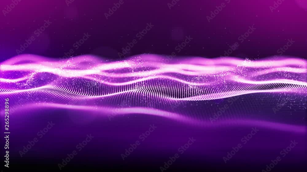Poster abstract purple color. digital cyber space particles wave with bokeh and light motion background