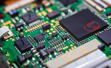Close-up of computer microchip, macro, circuit 