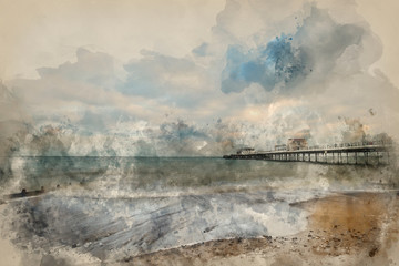 Watercolor painting of Beautiful long exposure sunset landscape image of pier at sea in Worthing England