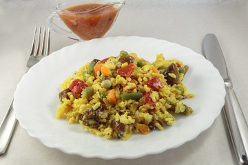 Dish with delicious vegetable risotto. Concept of vegan breakfast.