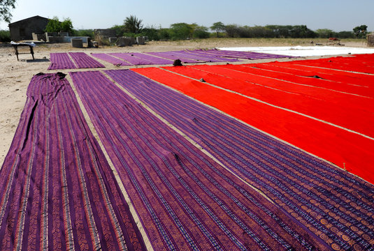Bolts of brightly coloured dyed and block printed cotton laid out to dry in the sun, Gujarat