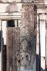 Stunning bas reliefs celebrating hindu and buddhist figures captured at Bayon temple in the Angkor Thom temple complex, Siem Reap, Cambodia