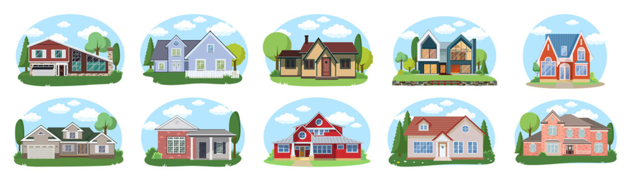 Big houses set, Vector Buildings Set. Flat Design Houses set Isolated on White Background.