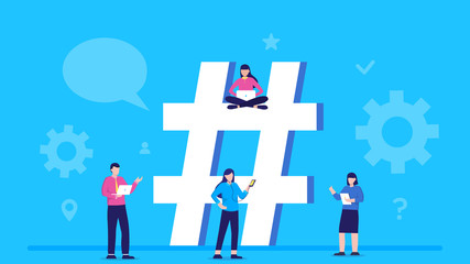 Hashtag concept illustration of young people using mobile phone, tablet and laptop for sending posts and sharing them with friends in social media. Flat vector hashtag big symbol. follow the trend