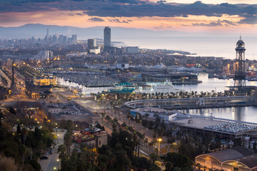 view of Port Vell and La Barceloneta district. Barcelona, Spain