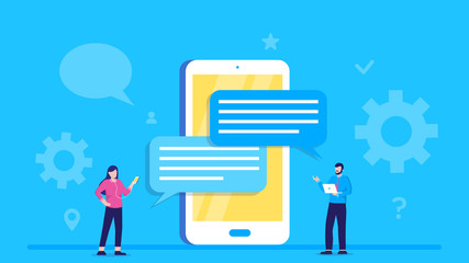 Online chat, vector illustration people use smartphone for chatting in social media, instant message can use for, landing page, template, web, poster, banner. Smartphone screen with speech bubbles