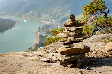 A stack of rough stones on a rocky surface