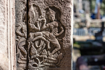 Stunning bas reliefs celebrating hindu and buddhist figures captured at Bayon temple in the Angkor Thom temple complex, Siem Reap, Cambodia