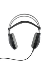 Wireless black headphones front view isolated on white background.