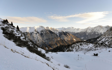 Fototapeta na wymiar Sunrise at ski resort Ladurns, Italy