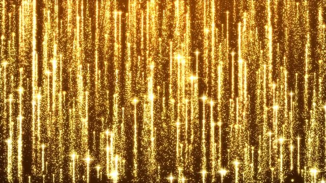 Glamour glittering particle golden fireworks. Abstract glitter defocused gold background. Seamless looping animation.