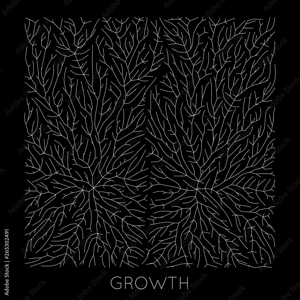 Poster vector generative branch growth pattern. lichen like organic structure with veins. monocrome square 
