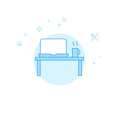 Workplace, Laptop and Coffee Mug Flat Vector Illustration, Icon. Light Blue Monochrome Design. Editable Stroke