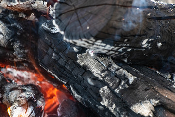 The bonfire, on which food is fried, kebabs, burns with a beautiful orange flame. Beautiful, warm.