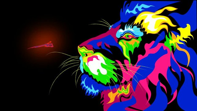 Abstract colorful lion with a glowing butterfly flying towards it.