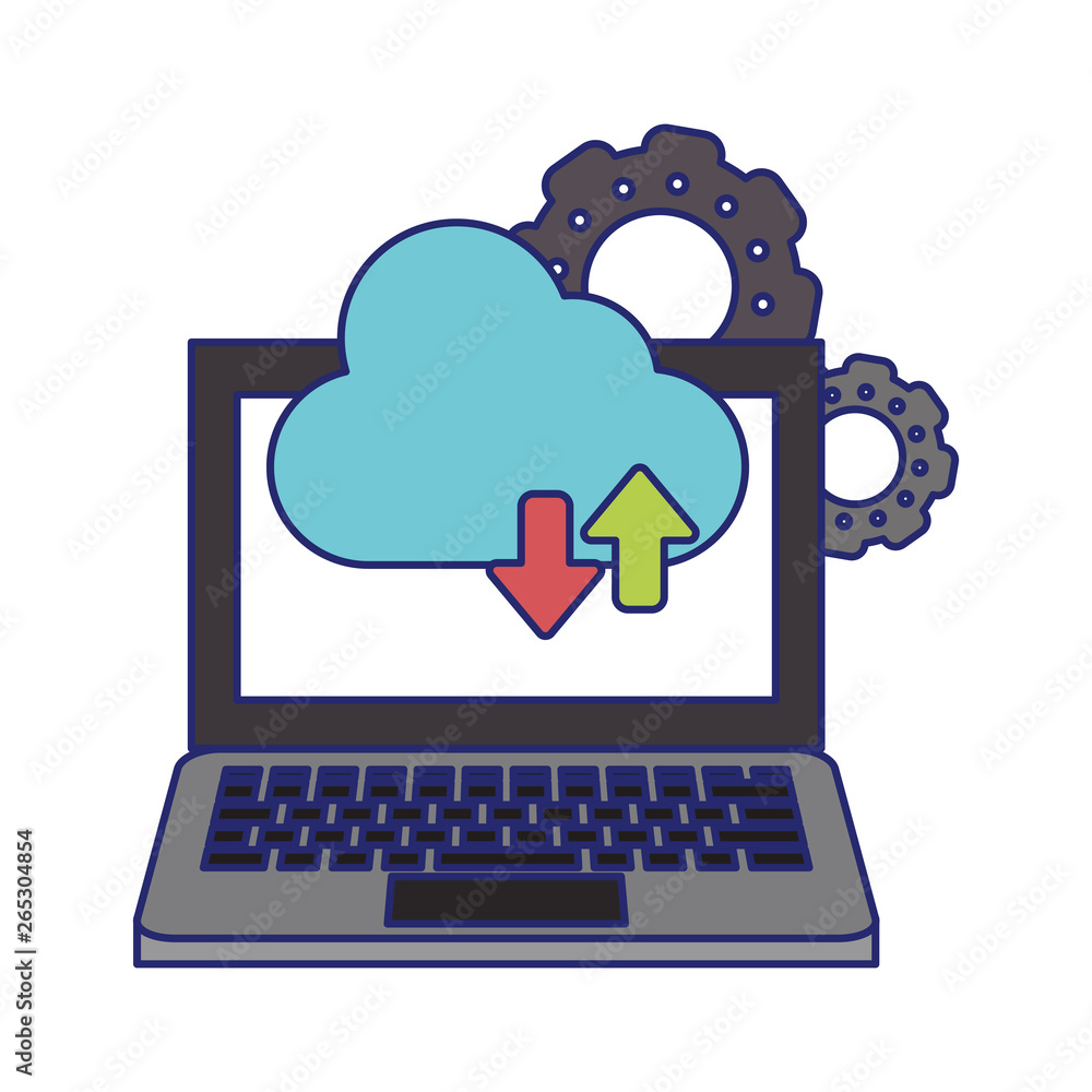 Poster computer with cloud tranfer symbol and gears blue lines