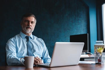 Senior man in office working on laptop computer