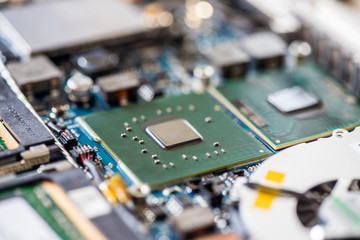 Concept of computer Technology: Close up of a computer chip on a circuit board