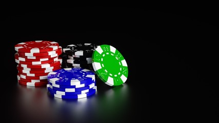 Red, Black, Blue And Green Casino Chips Isolated On The Black Background - 3D Illustration 
