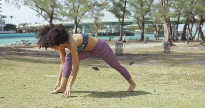 Sportive woman training yoga in park