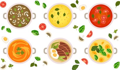 Food cartoon flat icon set isolated on white background. Soup top view