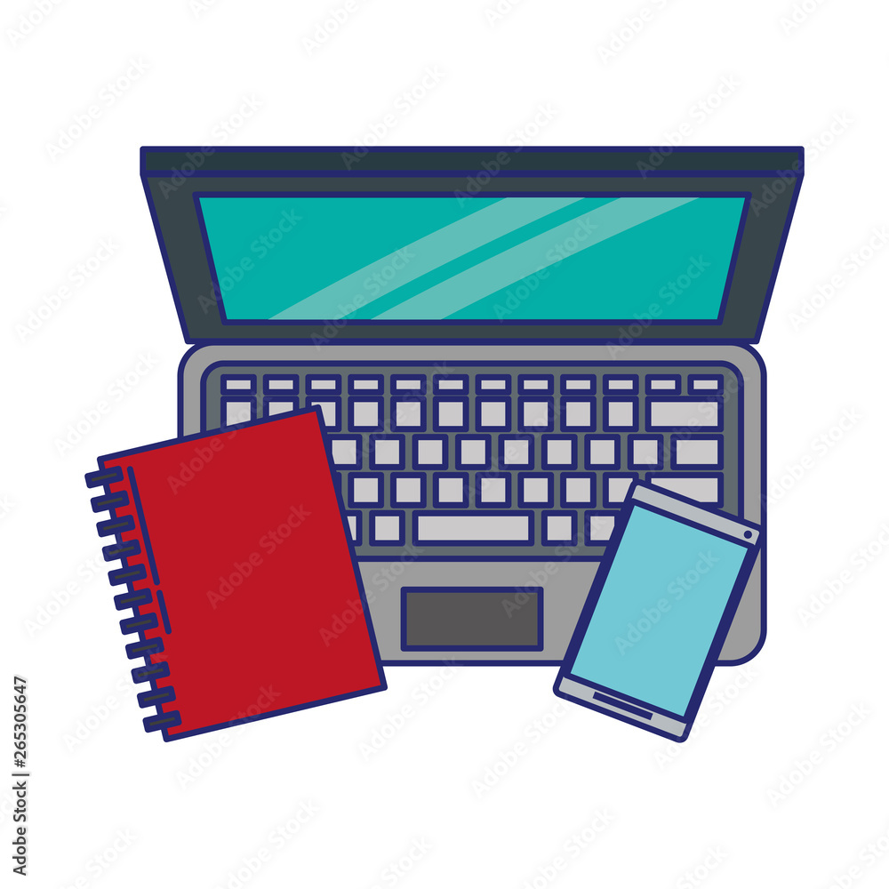 Sticker computer with book and cellphone blue lines