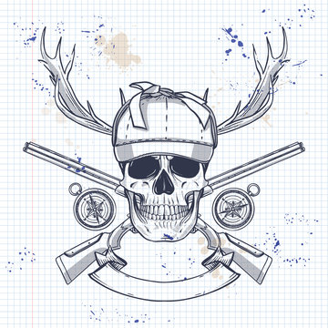 Sketch, skull with hunter hat, rifles, compass and antler on a notebook page
