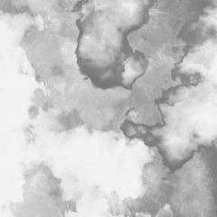 Silver with gray ink and watercolor texture on white paper background. Paint leaks and ombre effects. Hand painted abstract image.