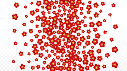 Vector Realistic Red Flowers Falling on Transparent Background.  Spring Romantic Flowers Illustration. Flying Asian Rose Spa Design. Blossom Confetti. Design Elements for Wedding Decoration.