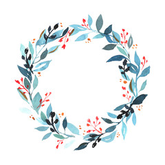 Watercolor wreath with leaves and berries. Hand drawn on a white background. Perfect for for wedding stationary, greetings, wallpapers, fashion, backgrounds, textures, DIY, wrappers, cards