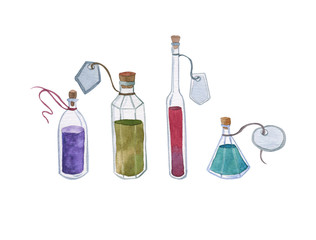 Set of Magic potions. Watercolor illustration isolated on a white background. Glass flasks