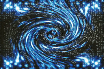 Blue matrix digital background. Distorted cyberspace concept. Characters fall down in wormhole....