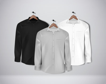 Black, White And Gray Color Formal Shirt Set. Blank Dress Shirt With Buttons.