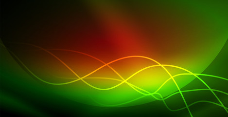 Glowing abstract wave on dark, shiny motion, magic space light. Techno abstract background